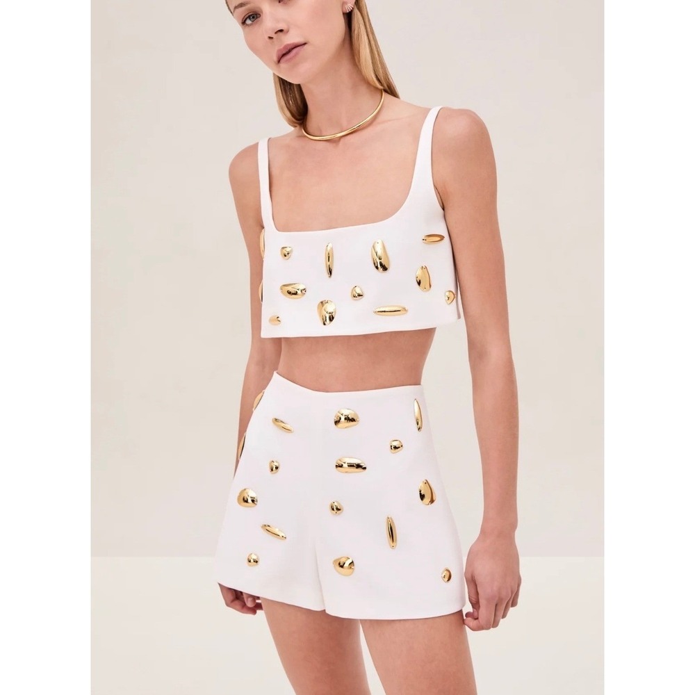 Alexis White Two-Piece Crop Top and Shorts with Gold Studs